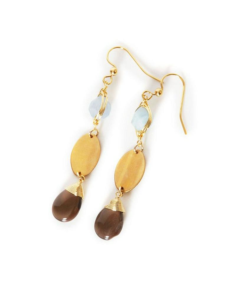 K14GF アクアマリン×プレート×スモーキークォーツピアス