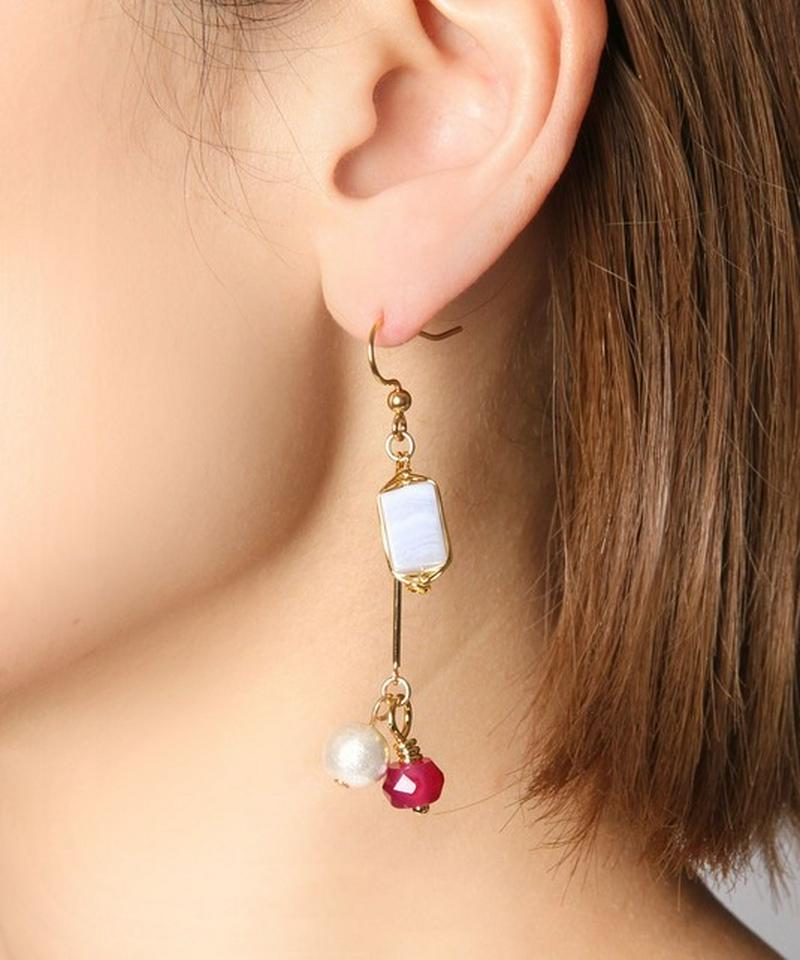 K14GF バー×ブルーレース×レッドアゲートピアス