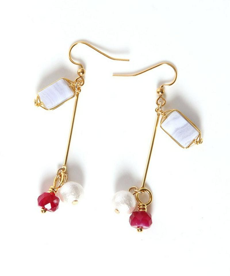 K14GF バー×ブルーレース×レッドアゲートピアス