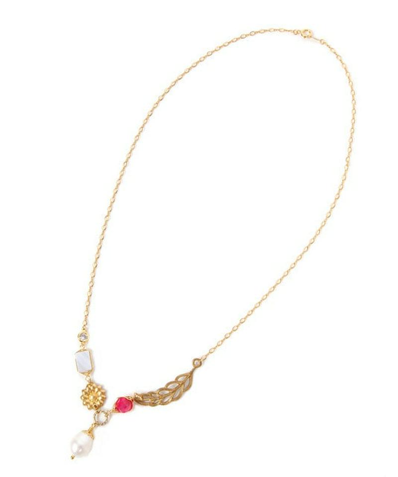 K14GF花と葉　ブルーレース×ピンクサードニクス×パールネックレス