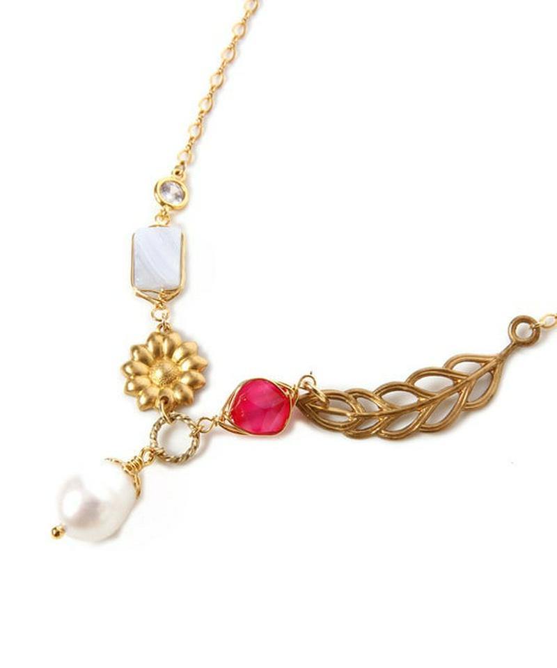 K14GF花と葉　ブルーレース×ピンクサードニクス×パールネックレス