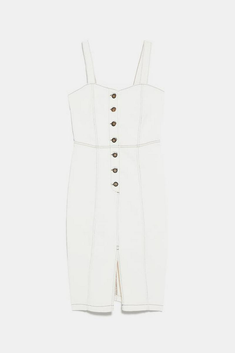 DENIM PINAFORE DRESS WITH CONTRAST TOPSTITCHING
