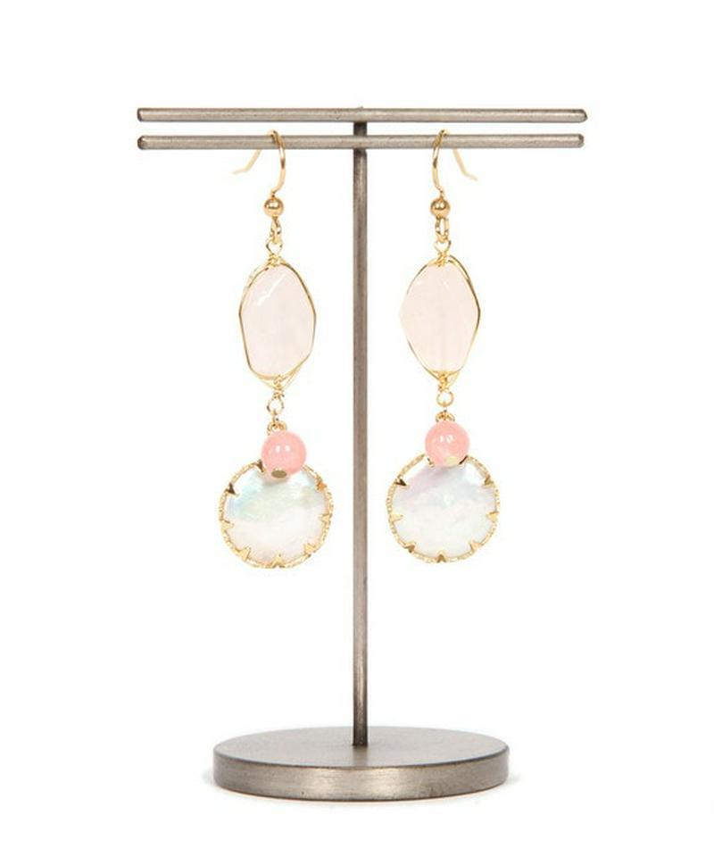 K14GF ローズクォーツ×淡水パールピアス