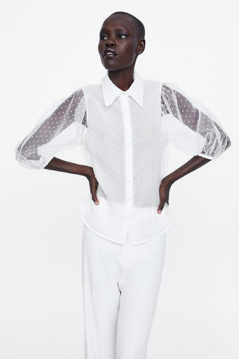 SEMI-SHEER DOTTED MESH BLOUSE