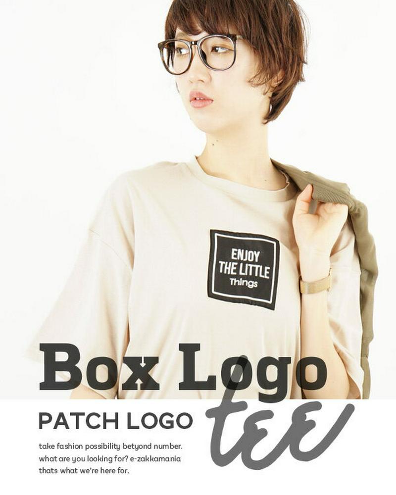 Tシャツ / 異素材BOXロゴの ボクシーシルエット カットソー 。 レディース トップス 半袖Tシャツ プルオーバー 半袖 五