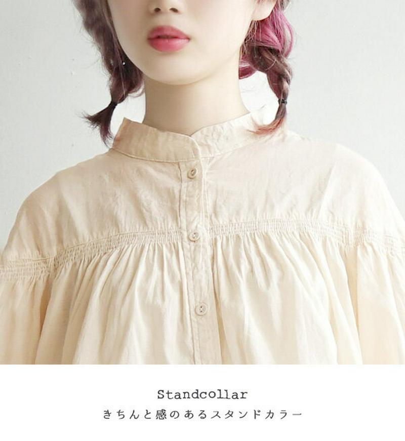 ブラウス / ニュアンスを生み出す シャーリングライン入り。 レディース トップス シャツ 七分袖 7分袖 スタンドカラー 襟な