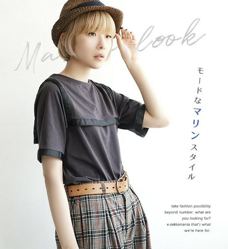 Tシャツ / セーラー服みたいな襟がポイント♪マリンなライン入りTシャツ。 レディース トップス 半袖 tシャツ カットソー 綿
