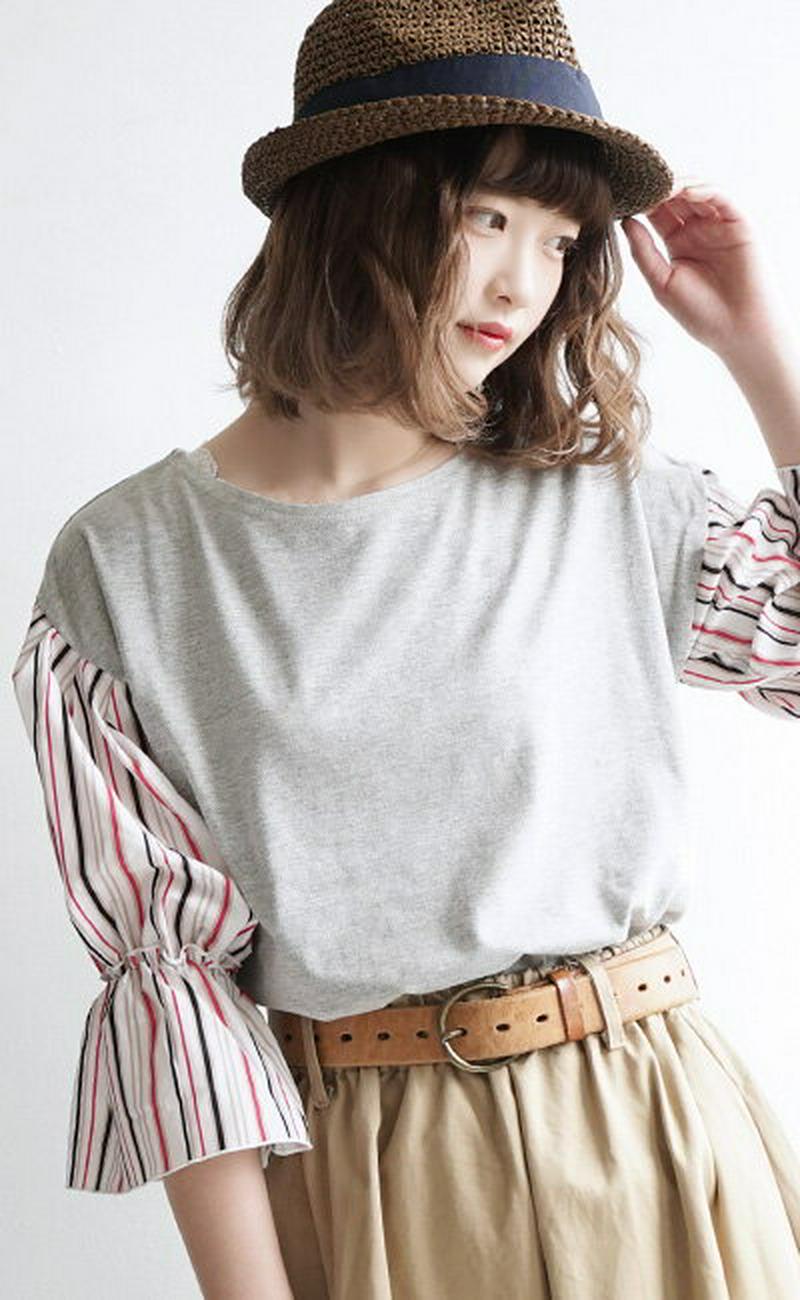 カットソー M-3L/レトロなストライプ柄のデザイン袖 Tシャツ。 レディース トップス デザインスリーブ シャツスリーブ キャ