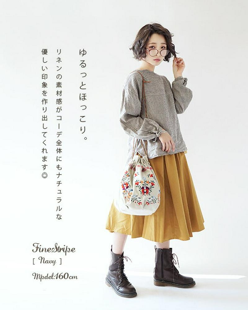 ブラウス / ストライプ柄 ゆったりプルオーバーブラウス。レディース トップス シャツ デザイン袖 リボン袖 長袖 ゆったり 大