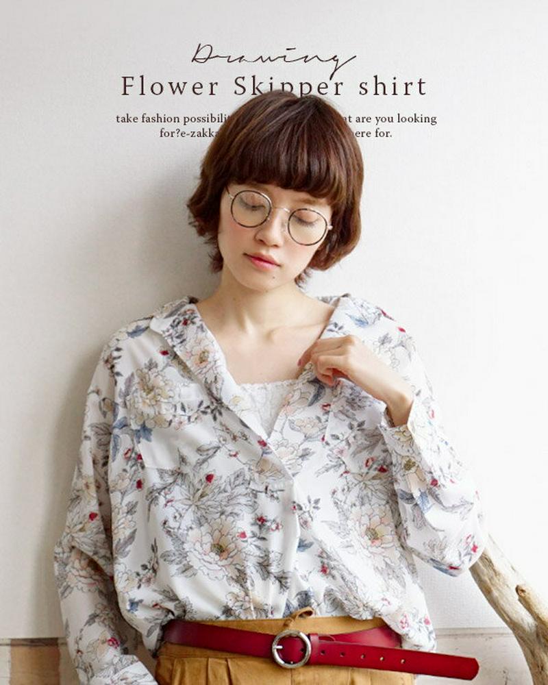 シャツ /ペン画で描かれたような、上品花柄プリントのシャツ。 レディース トップス フラワー 花 フラワー柄 スキッパー vネッ