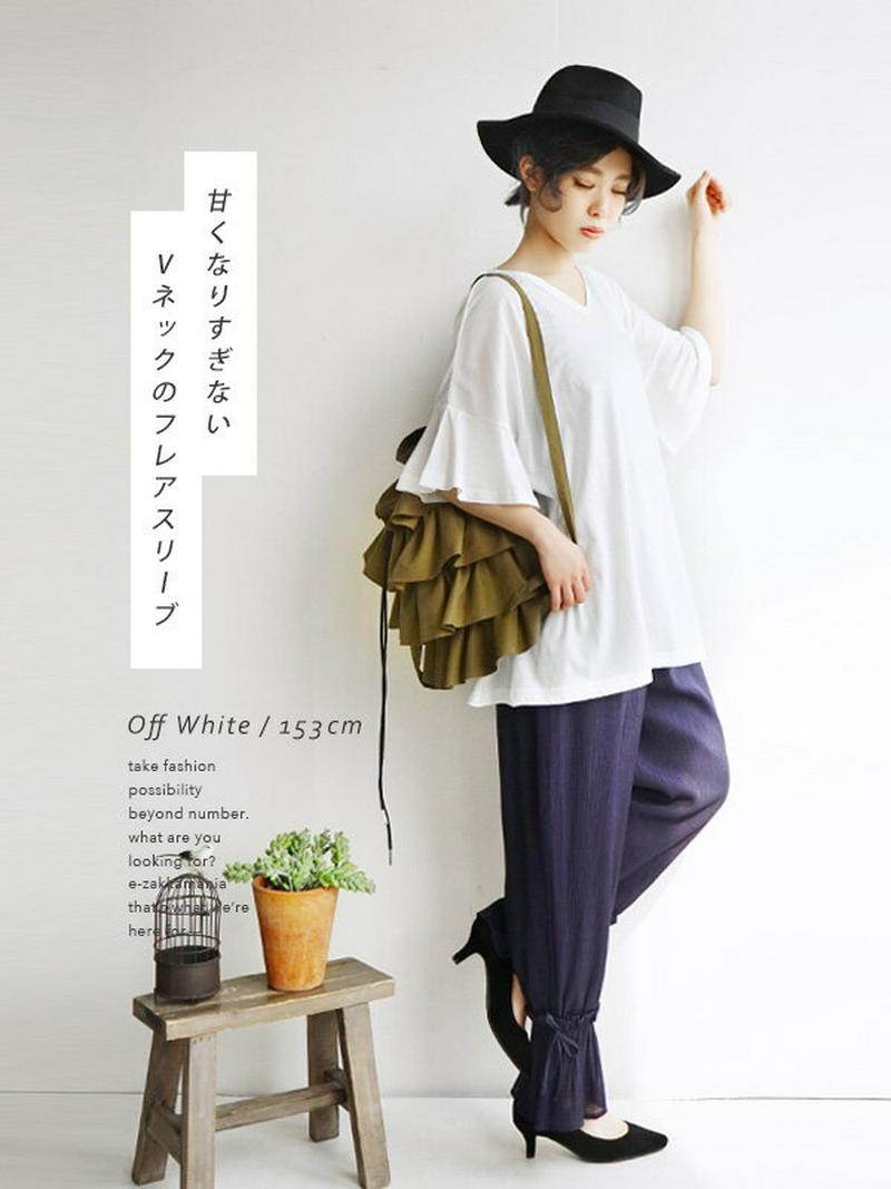 Tシャツ / 甘く袖が揺れる ゆるトップス レディース トップス 半袖Tシャツ プルオーバー 半袖 五分袖 5分袖 フレアスリー