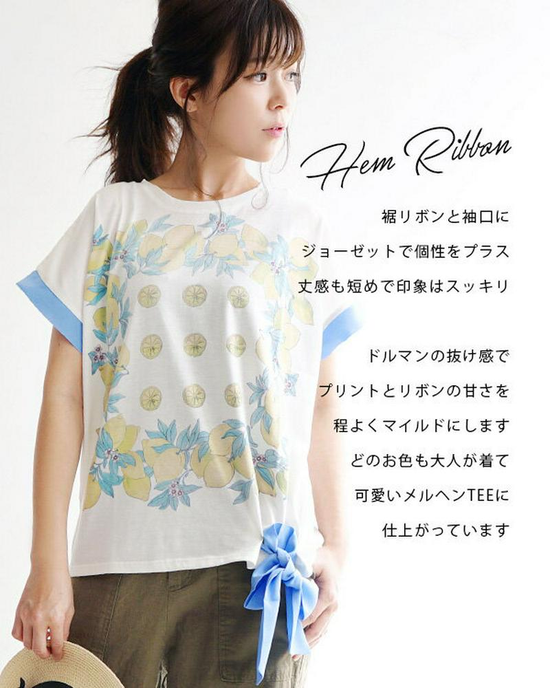 カットソー / リボン付きドルマンTee レディース トップス 半袖Tシャツ プルオーバー 半袖 ゆったり 綿混 コットン混 天