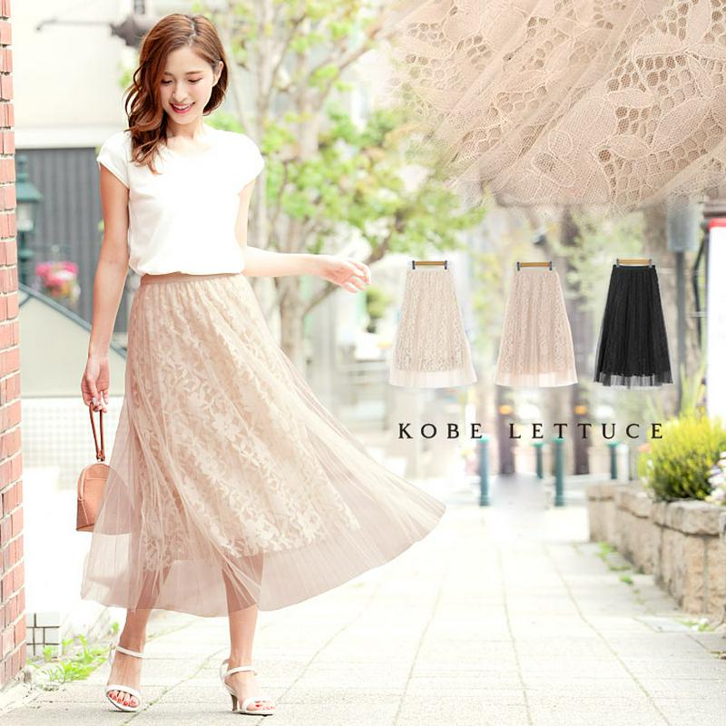 スカート レディース ボトムス 春 春夏 花柄レース×チュールプリーツスカート 裏地付 ウエストゴム 春 夏 初夏 黒 ベージュ