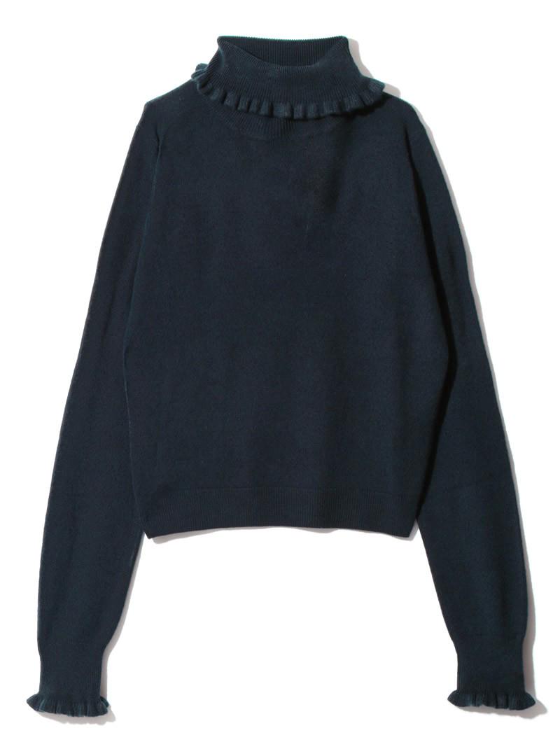 カシミヤタッチフリルタートルネックニットトップス