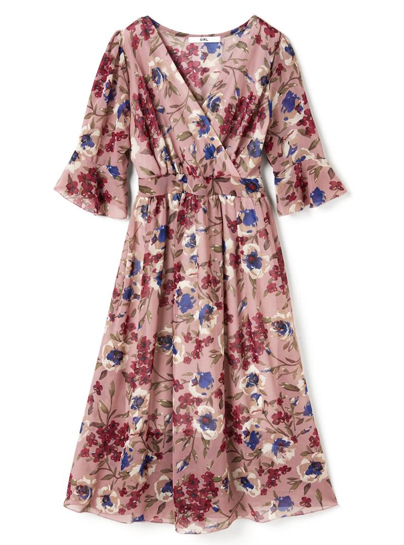 フレアスリーブ花柄カシュクールワンピース