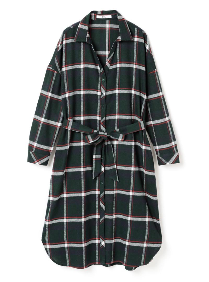 リボンベルト付きチェックロングシャツ