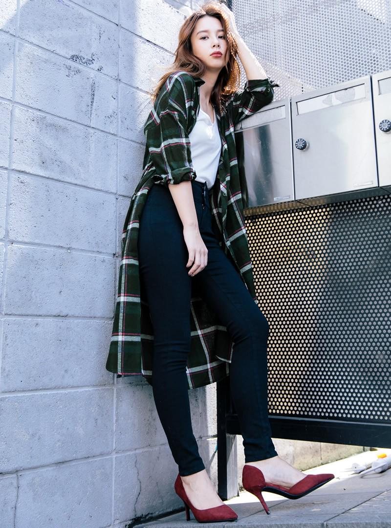 リボンベルト付きチェックロングシャツ