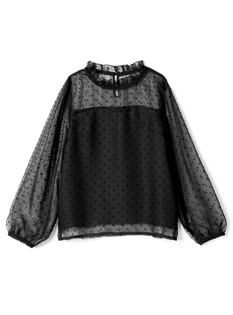 ドットシフォンパフスリーブハイネックトップス