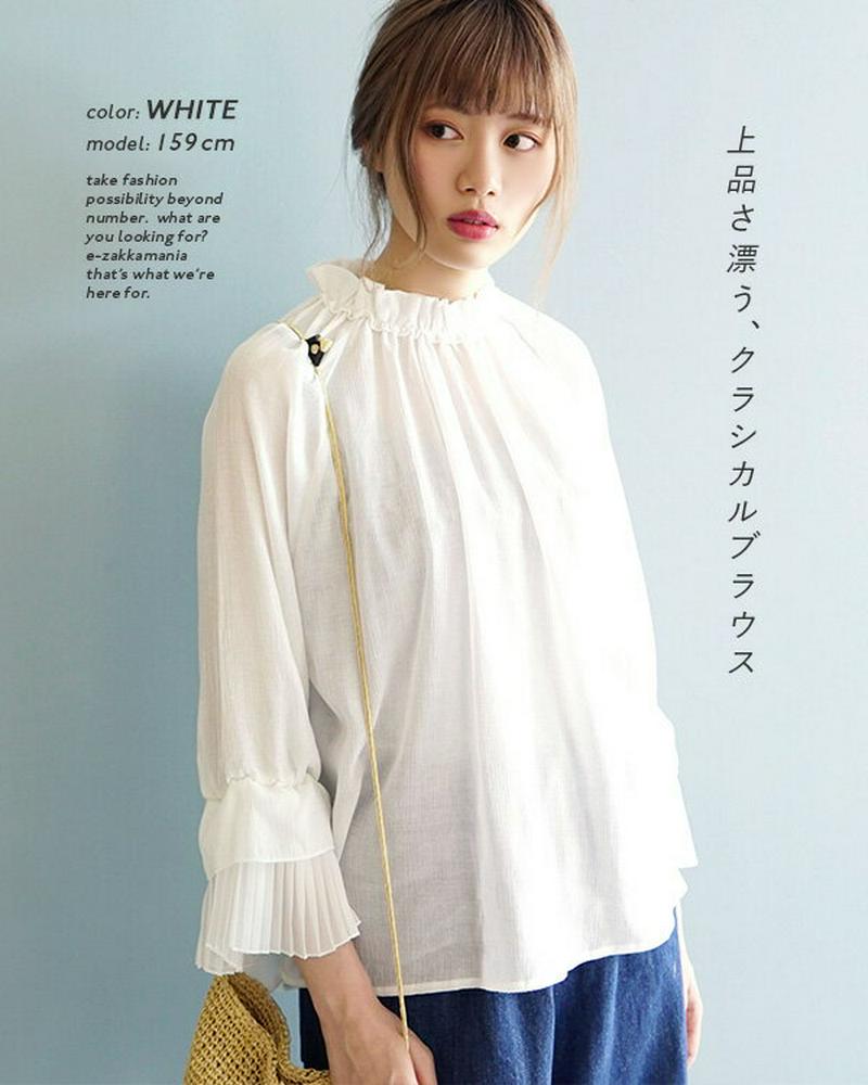 ブラウス / 透け感が爽やかな 上品プリーツが施された シフォンブラウス 。 レディース トップス シャツ 白シャツ 白ブラウス