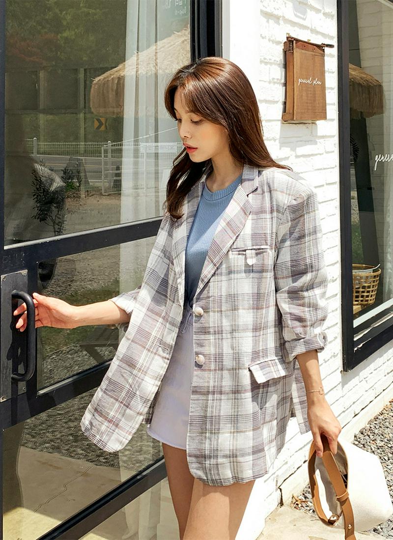 リネン混チェックツーボタンジャケット・全2色