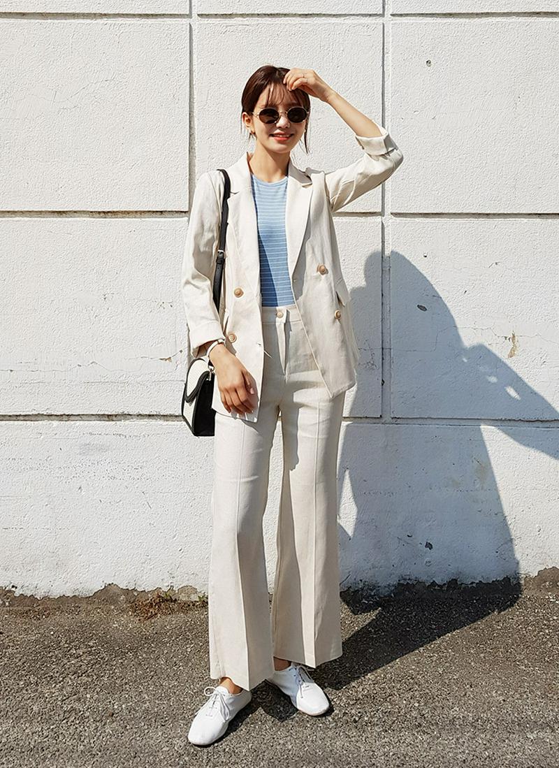 リネン混ダブルジャケット&ストレートラインパンツSET・全4色