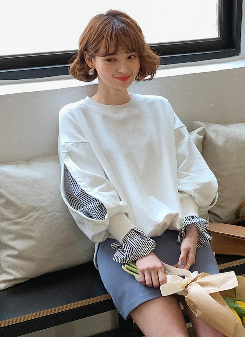 ≪人気商品再入荷≫ストライプスリーブスウェット・全3色・b52414 レディース【tops】 トップス スウェット 長袖 ラウンドネック ストライプ ゆったり スリット トレーナー カジュアル かわいい フェミニン ユニーク 春