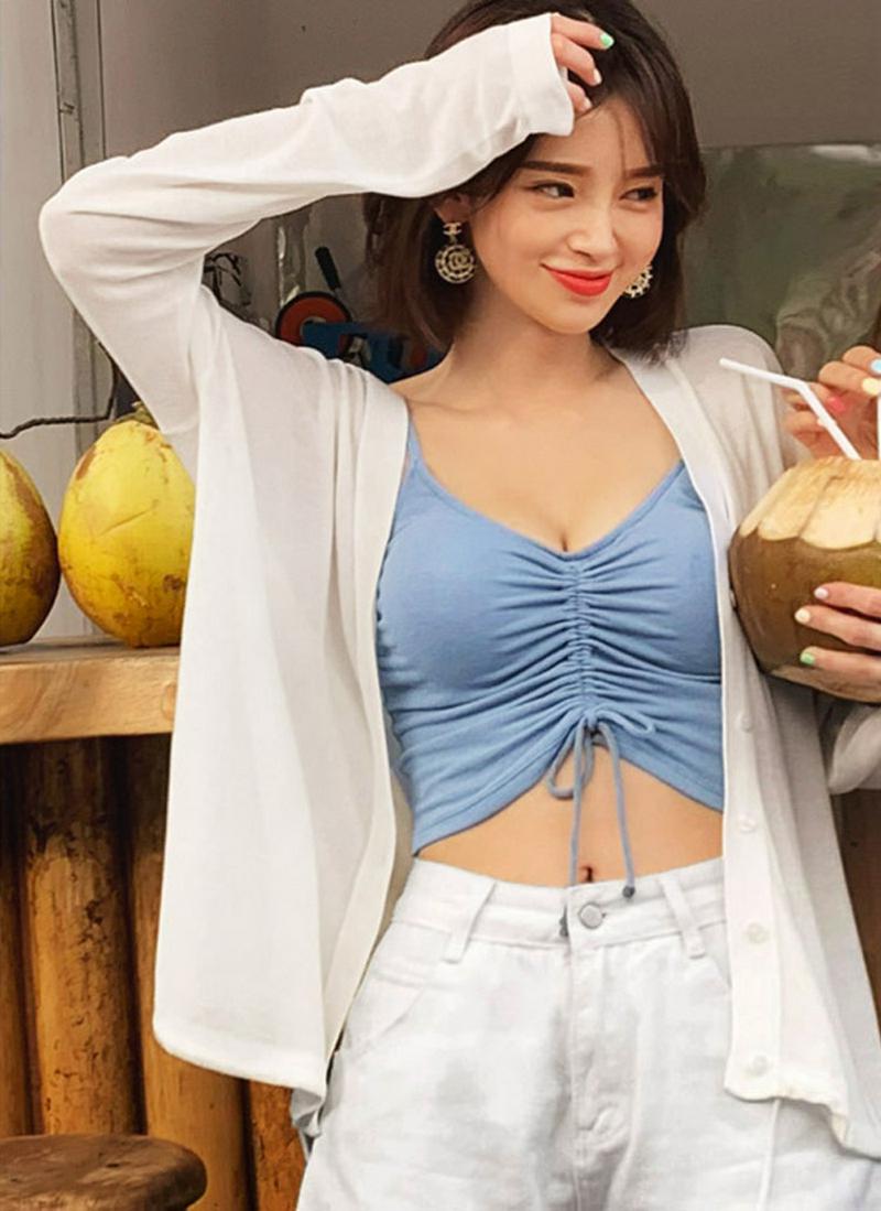 【全品10%OFF】ストリングヘムVネックカーディガン・全3色 e43302 レディース【cd】【韓国 ファッション beach wear-2019】【カーディガン 羽織物 長袖 Vネック 無地 シンプル ベーシック カジュアル ラフ 薄手 水色　春夏】