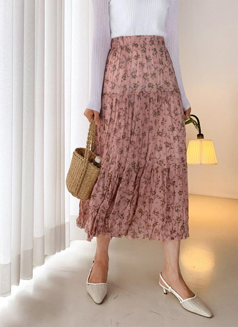 リンクル花柄ロングスカート・全3色