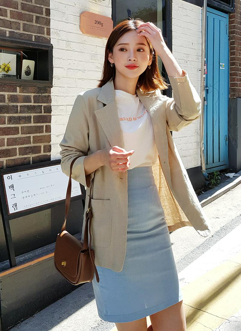 リネン混ワンボタンジャケット・全5色