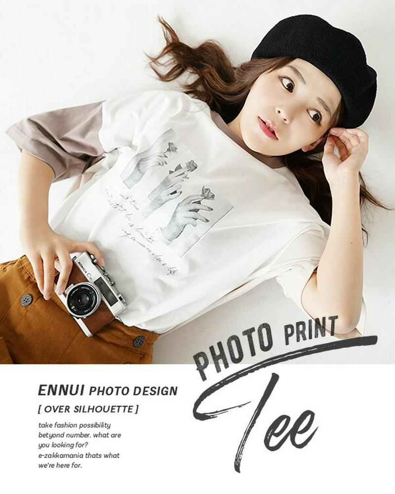 Tシャツ / 旬のフォトプリントTee! アンニュイな雰囲気のバイカラー リメイク風 カットソー 。 レディース トップス ビッ