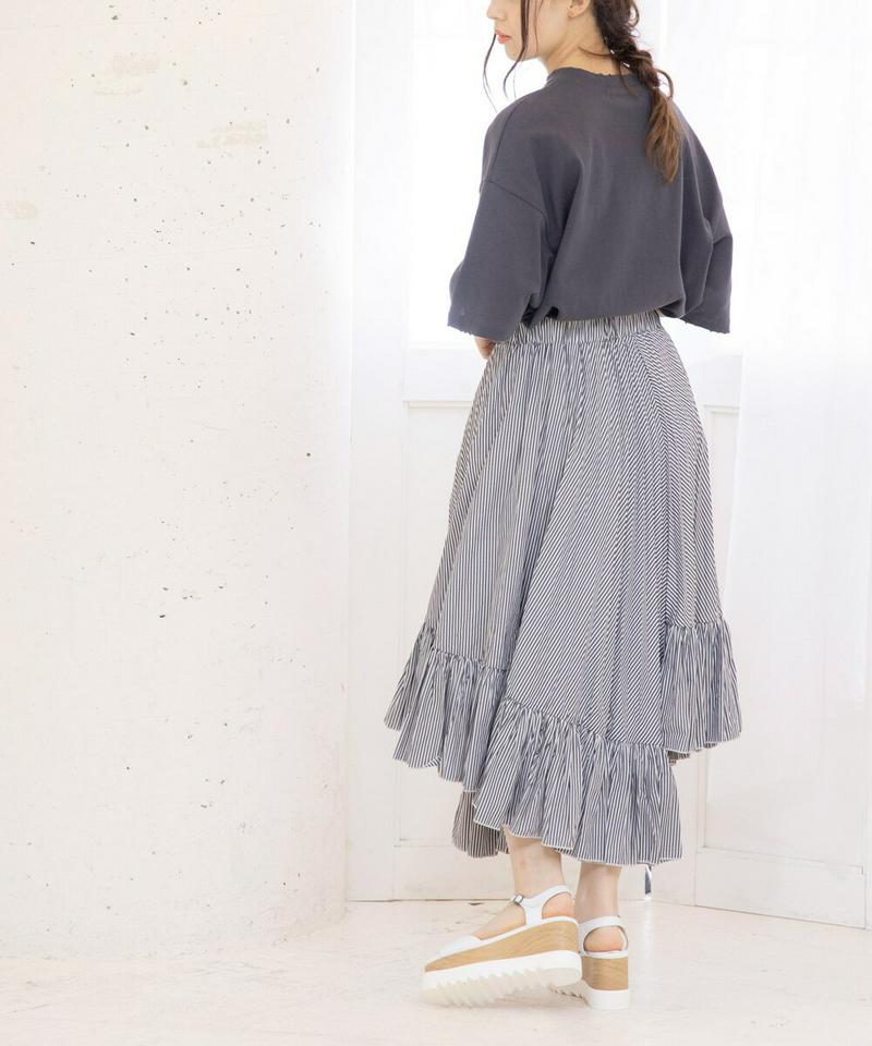 【15%offクーポン配布中】スカート ストライプアシメ裾フリルロングスカート レディース フレアスカート プリーツスカート マキシスカート ボトムス DONOBAN SELECT｜ウエストゴム aライン 膝下 ひざ下 ロング丈 マキシ丈 白 青 黒 ドノバンセレクト
