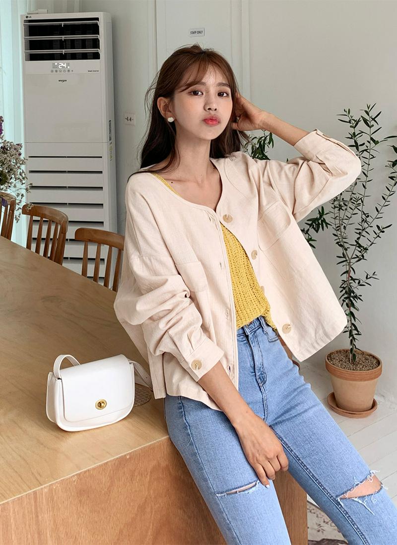 リネン混フラップポケットショートジャケット・全2色