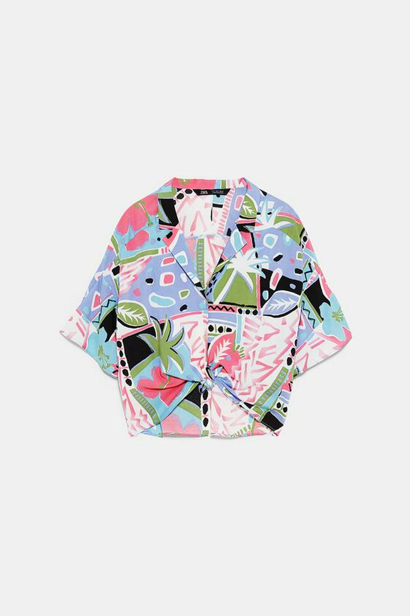 ノット付きプリント柄シャツ