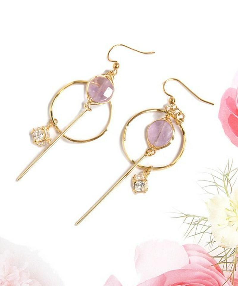 K14GF　アメジスト×ガラス　ラウンドバーピアス