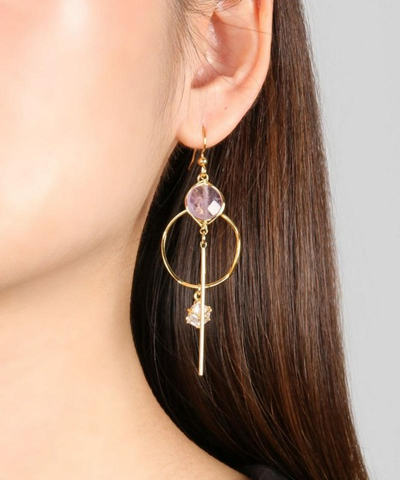 K14GF　アメジスト×ガラス　ラウンドバーピアス