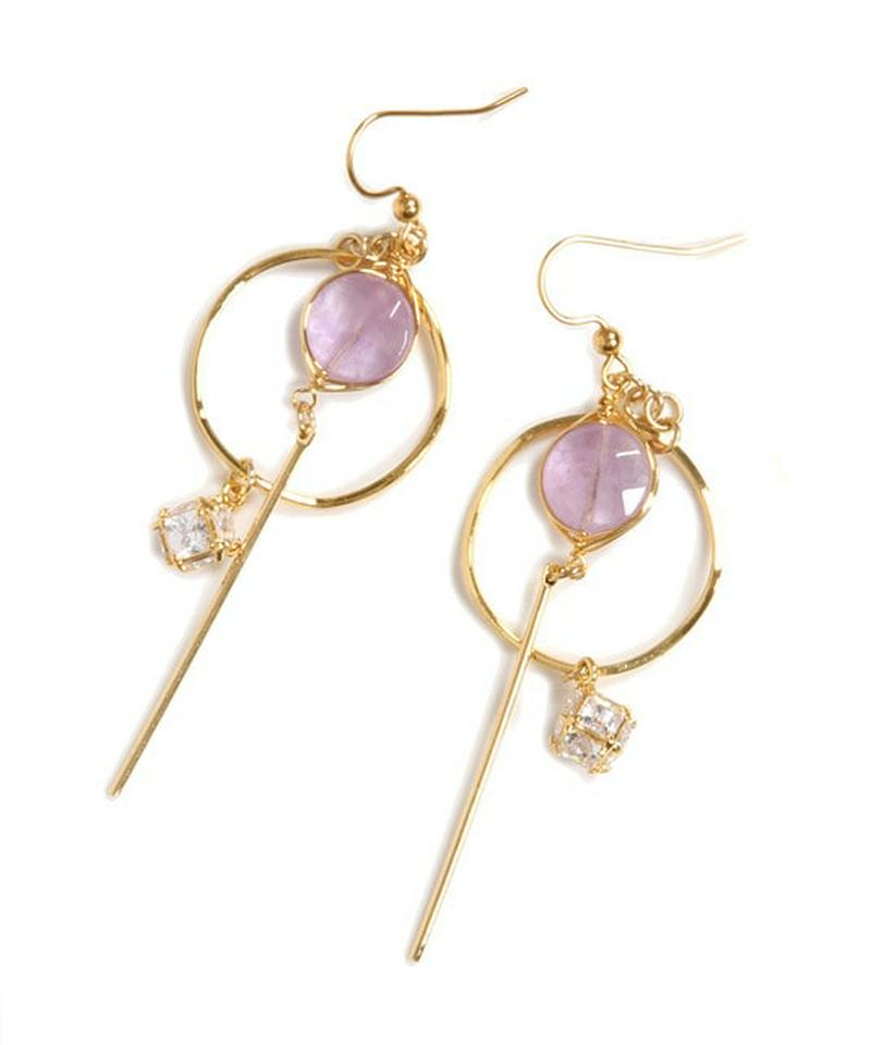 K14GF　アメジスト×ガラス　ラウンドバーピアス