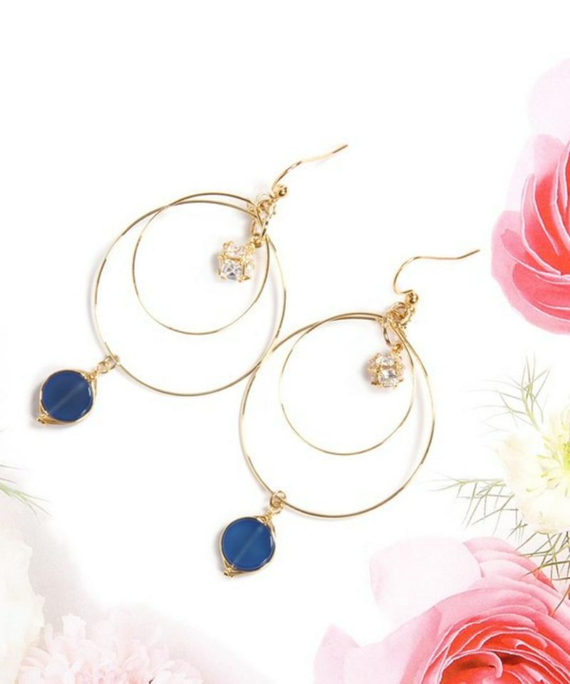 K14GF　ブルーアゲート×ガラス　2重フープピアス