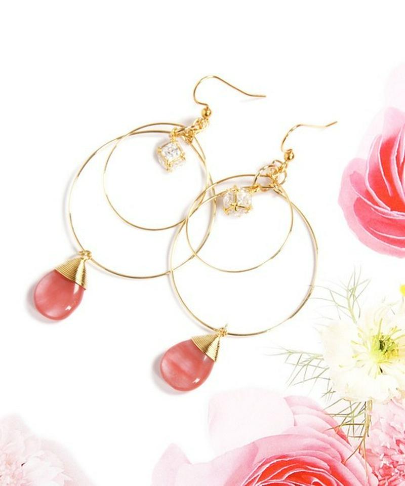 K14GF　チェリークォーツ×ガラス　2重フープピアス
