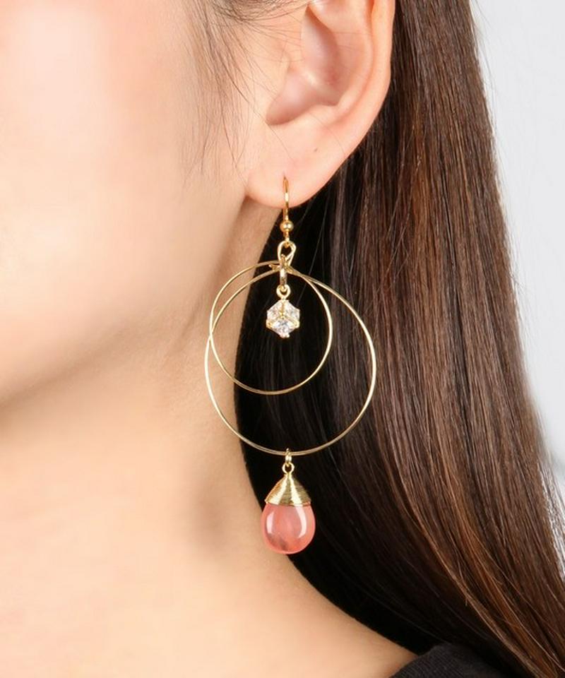 K14GF　チェリークォーツ×ガラス　2重フープピアス