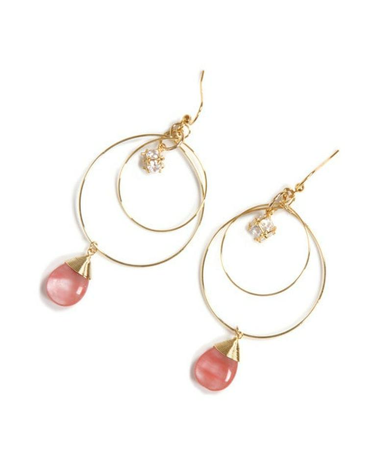 K14GF　チェリークォーツ×ガラス　2重フープピアス