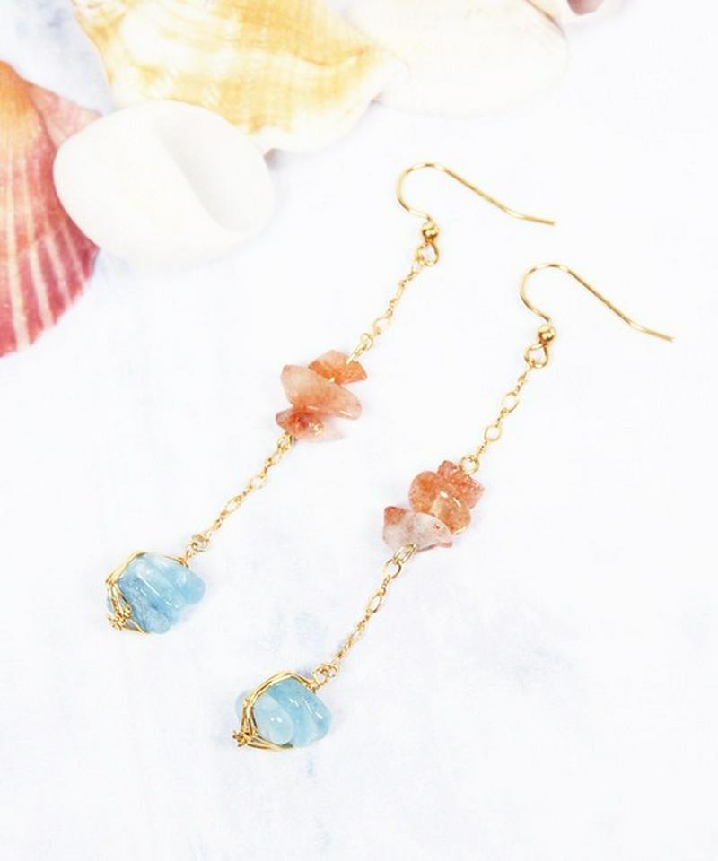 K14GF サザレサンストーン×アクアマリン　ロングピアス