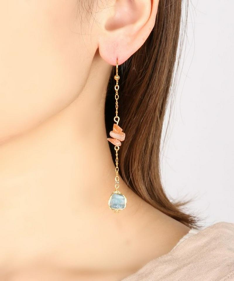 K14GF サザレサンストーン×アクアマリン　ロングピアス