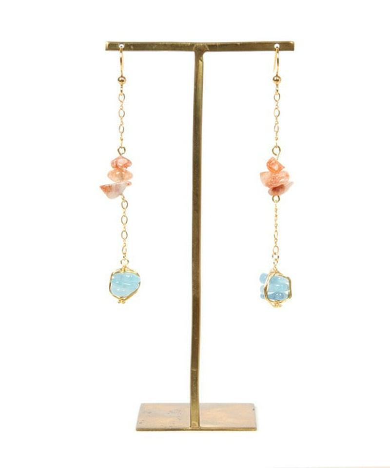 K14GF サザレサンストーン×アクアマリン　ロングピアス