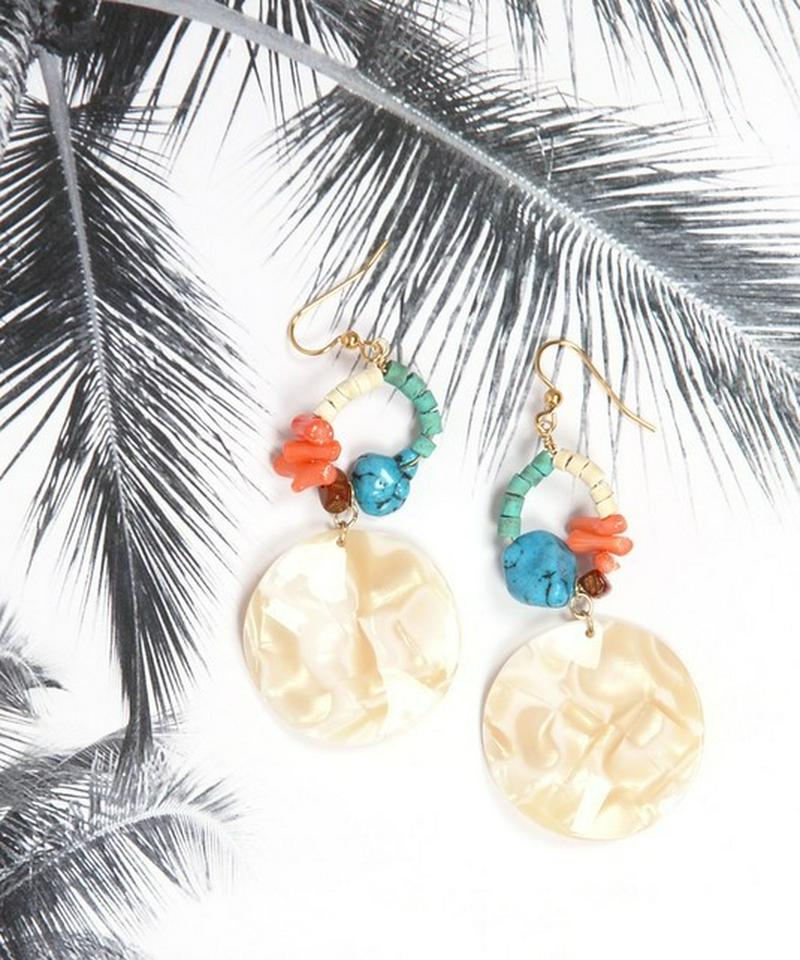 K14GF ターコイズ×コーラルラウンドピアス