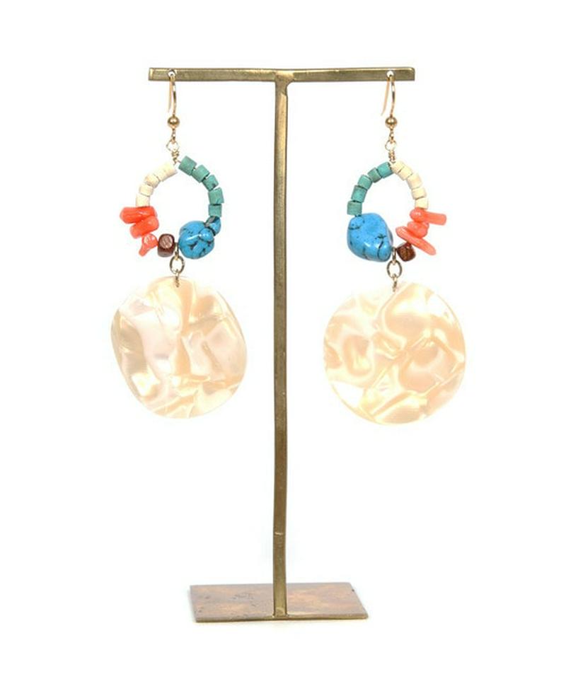 K14GF ターコイズ×コーラルラウンドピアス