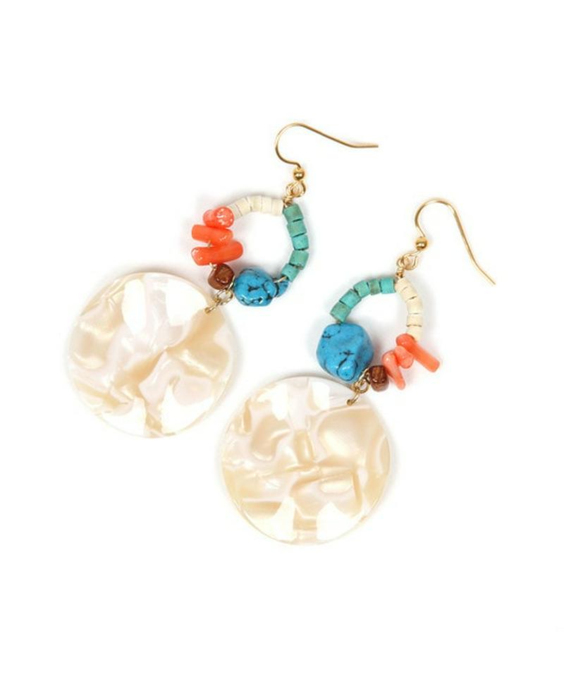 K14GF ターコイズ×コーラルラウンドピアス