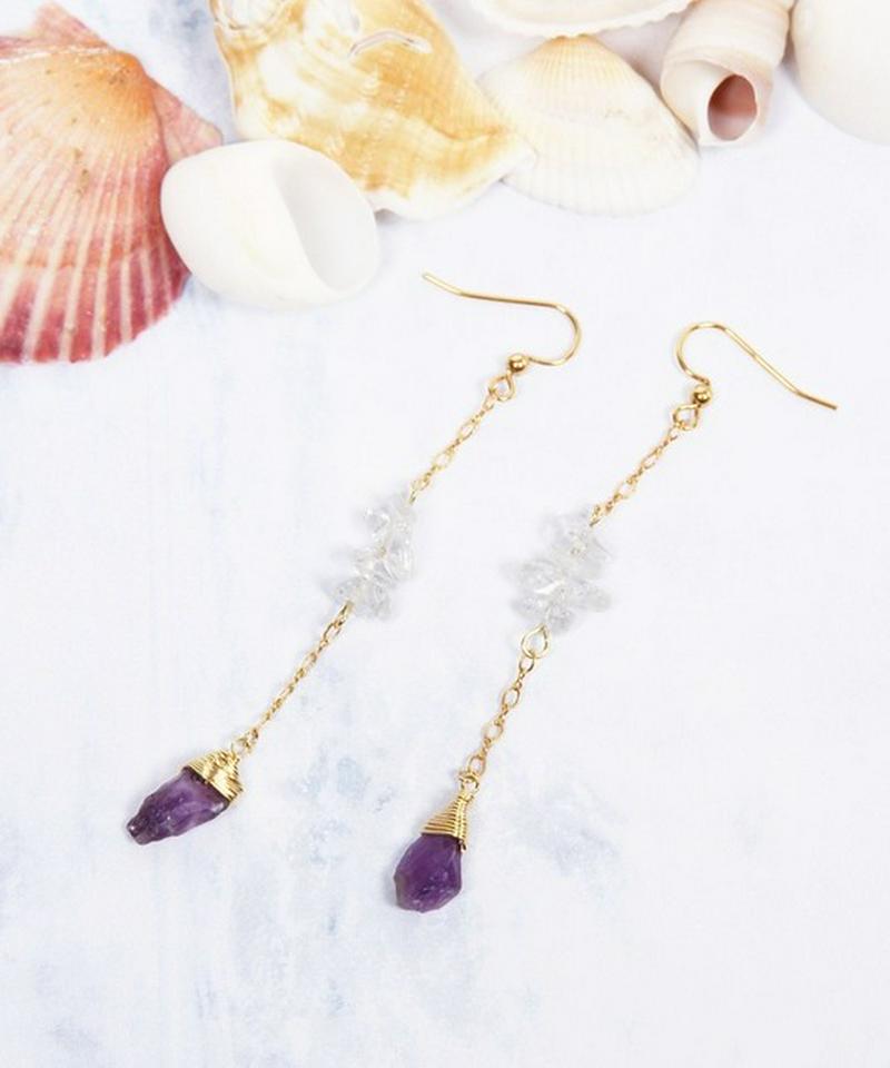 K14GF サザレクリスタル×アメジスト　ロングピアス