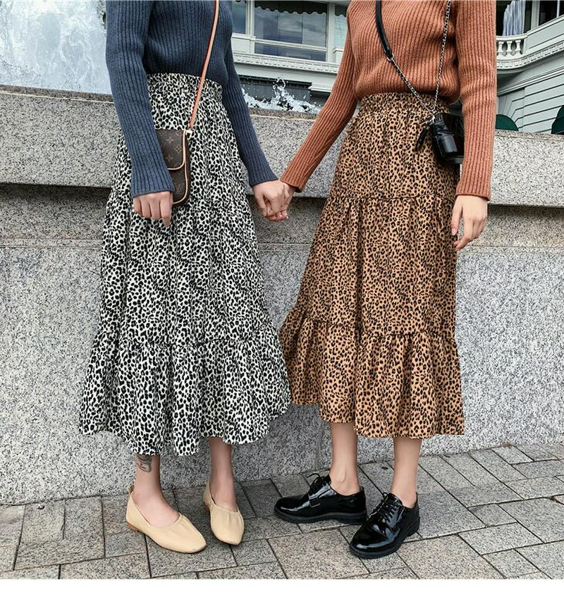 スカート ひざ丈 膝丈 ミモレ丈 レディース ボトムス おしゃれ 可愛い ブラック レオパード ヒョウ柄 ゆったり フリル 20