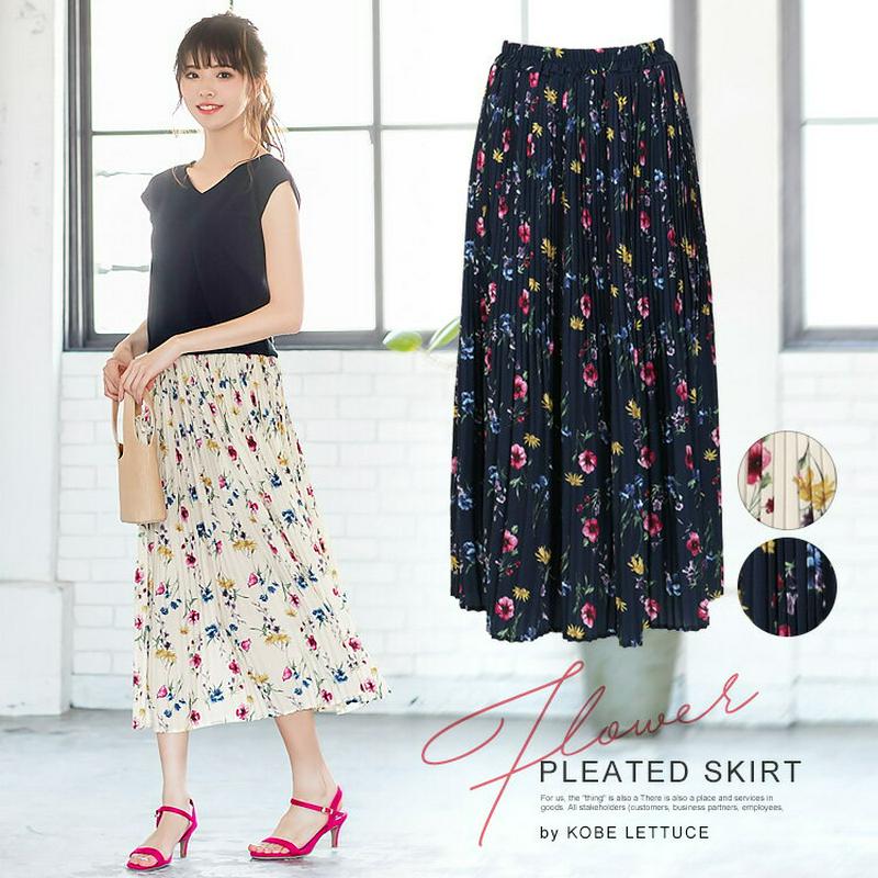 ≪6/4(火)19:00〜新発売!!6時間だけ送料無料×P5倍♪≫ウエストゴム☆花柄フレア細プリーツスカート レディース ロング