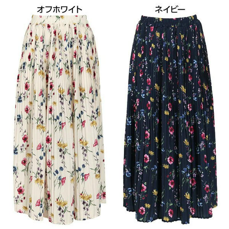 ≪6/4(火)19:00〜新発売!!6時間だけ送料無料×P5倍♪≫ウエストゴム☆花柄フレア細プリーツスカート レディース ロング